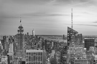 The New York City lights turn on.