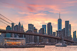 Sunset over the Brooklyn Bridge.