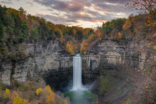 Taughannock Falls in the Finger Lakes at sunset.